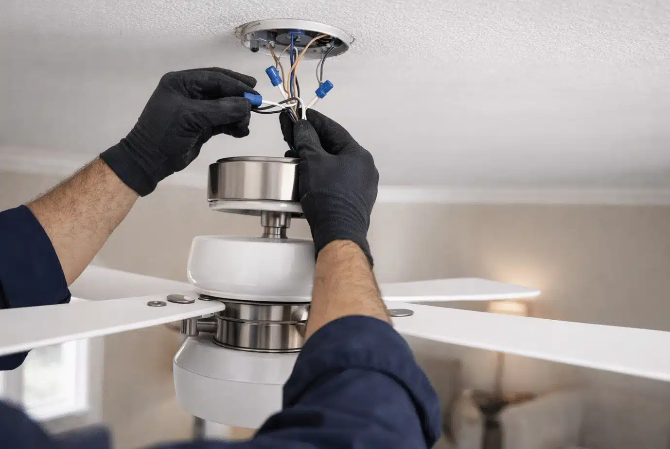 Electrician installing ceiling fan