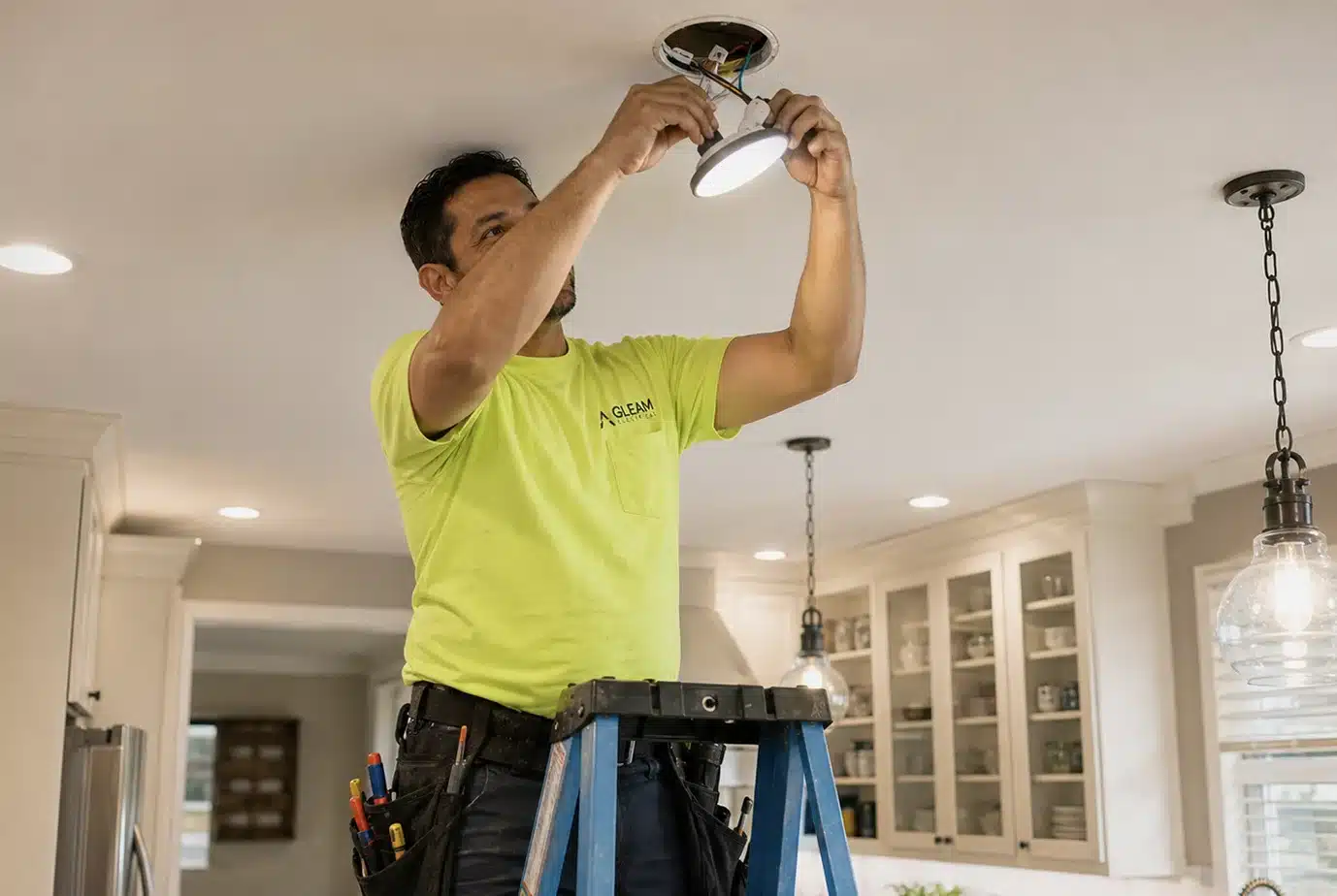 installing-light Gleam electrician installing lights in kitchen