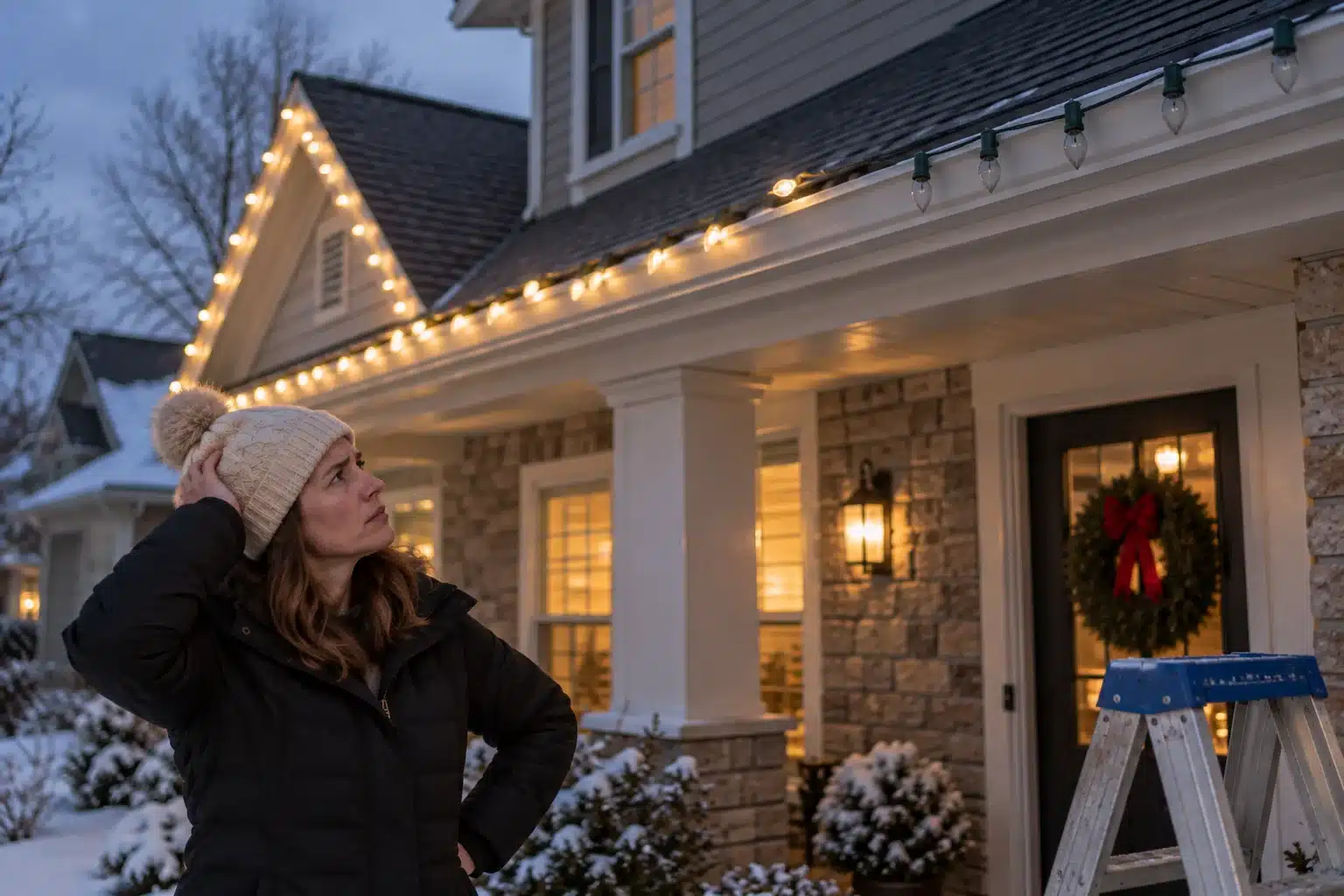 Homeowner hanging holiday lights Homeowner looking at partially working holiday lights along the roofline of a house.