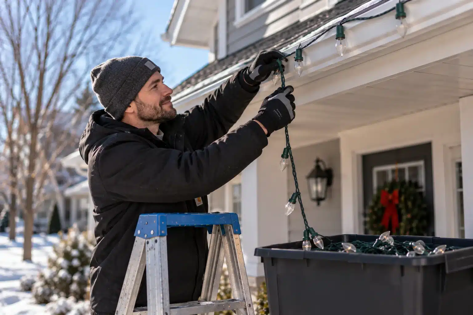 Man removing holiday lights from a home's roofline and placing them into a storage bin.