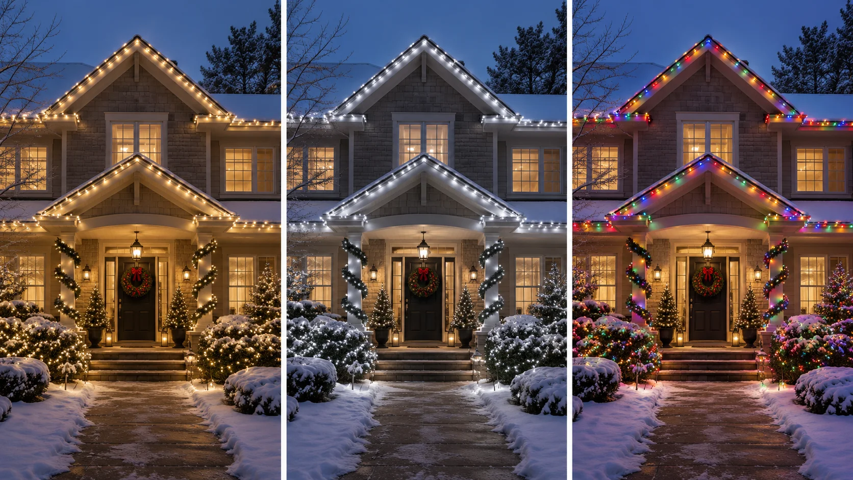 Holiday home shown with warm white, cool white, and multicolor Christmas light displays.