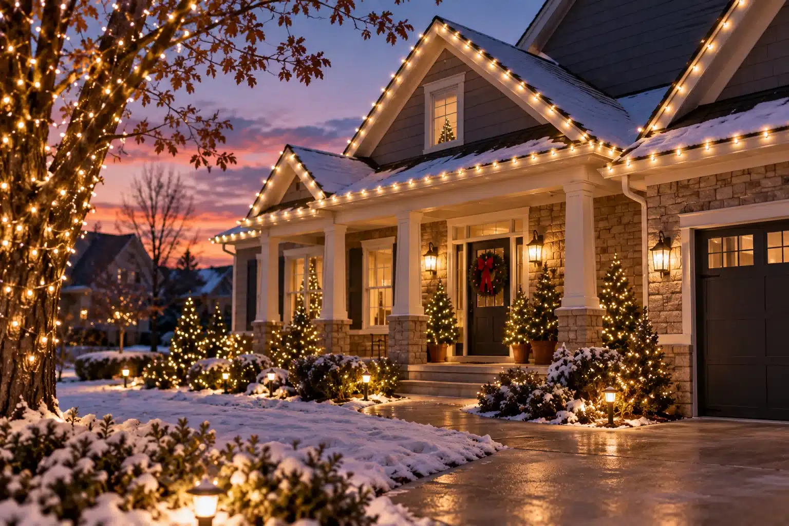 Warm white holiday lights decorating a snow-covered suburban home at winter dusk.
