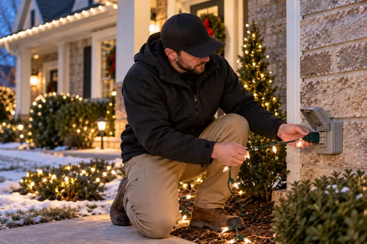 Man plugging holiday lights into a weatherproof outdoor outlet on a decorated home.