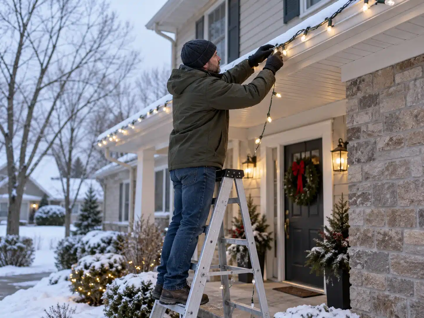 Man standing on a ladder hanging holiday lights along a snow-covered home’s roofline.