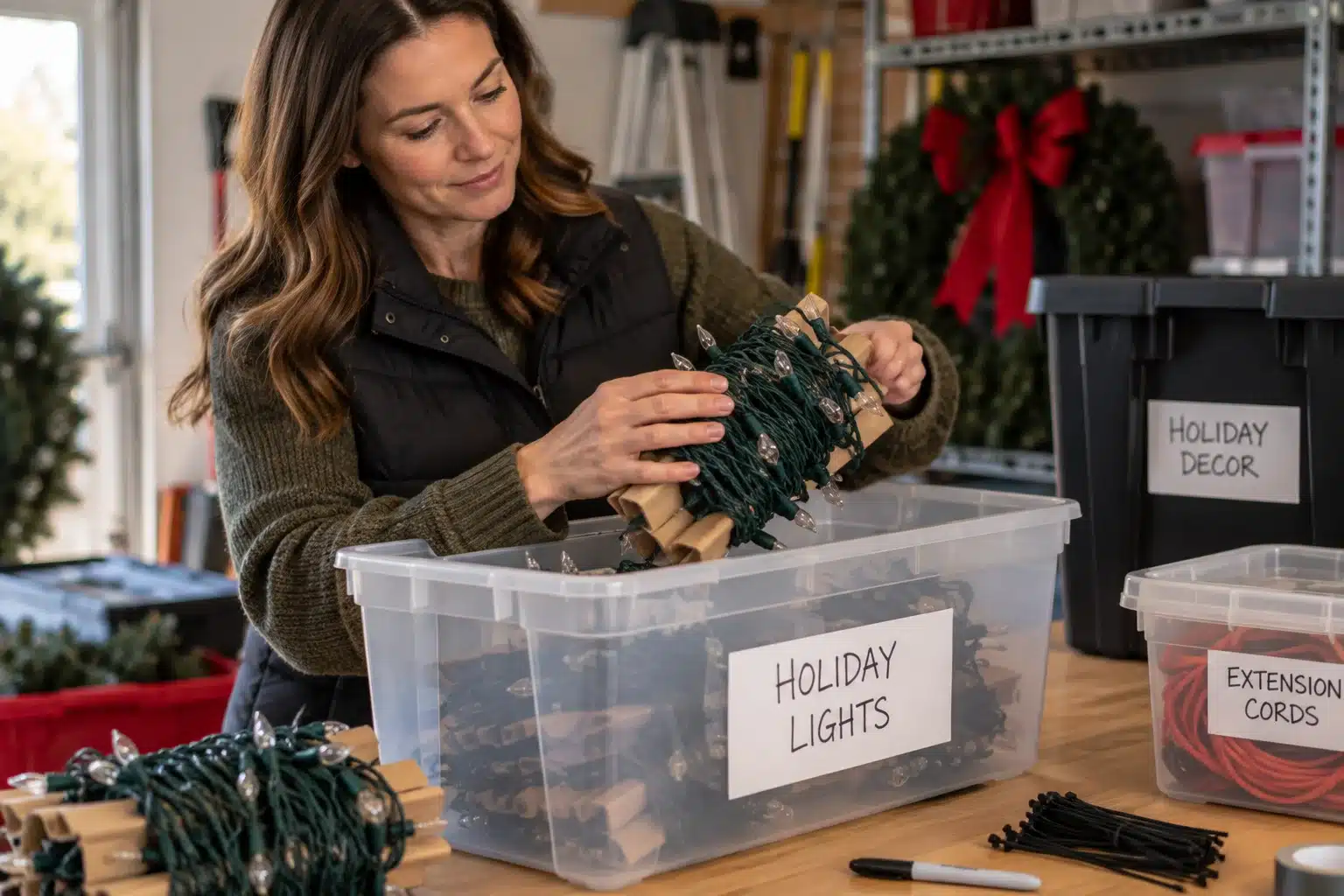 Homeowner wrapping holiday lights around cardboard organizers for storage in a labeled plastic bin.